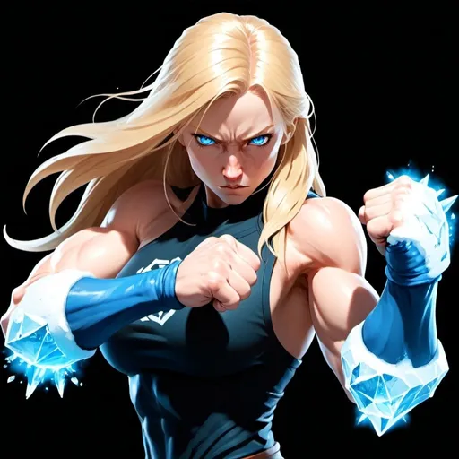 Prompt: Female figure. Greater bicep definition. Sharper, clearer blue eyes. Nosebleed. Long Blonde hair flapping. Frostier, glacier effects. Fierce combat stance. Raging Fists. Icy Knuckles. 