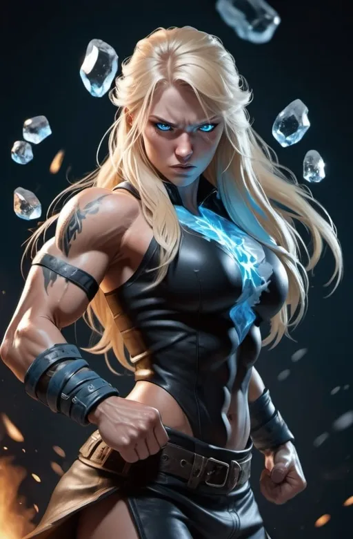 Prompt: Female figure. Greater bicep definition. Sharper, clearer blue eyes. Nosebleed. Long Blonde hair flapping. Frostier, glacier effects. Fierce combat stance. Raging Fists. Icy Knuckles.