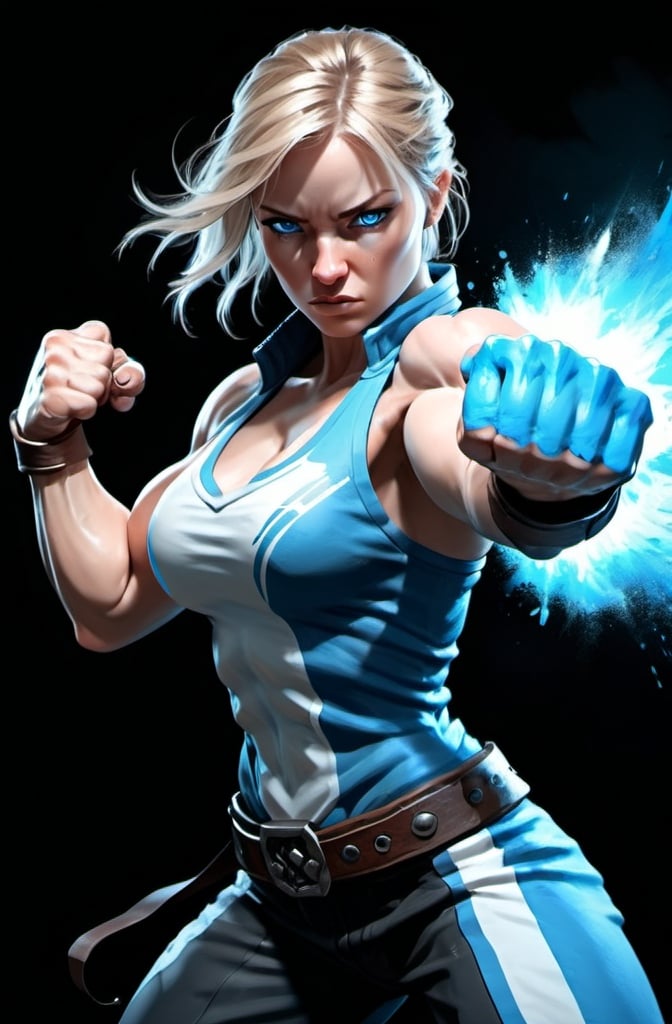 Prompt: Female figure. Greater bicep definition. Sharper, clearer blue eyes.  Frostier, glacier effects.  Fierce combat stance. Raging Fists. 