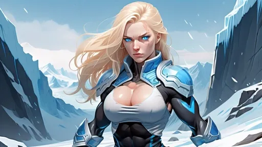 Prompt: Female figure. Greater bicep definition. Sharper, clearer blue eyes. Nosebleed. Long Blonde hair flapping. Frostier, glacier effects. Fierce combat stance. Raging Fists. Icy Knuckles.