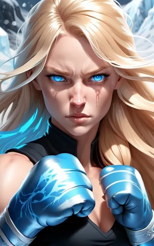 Prompt: Female figure. Greater bicep definition. Sharper, clearer blue eyes. Nosebleed. Long Blonde hair flapping. Frostier, glacier effects. Fierce combat stance. Raging Fists. Icy Knuckles.