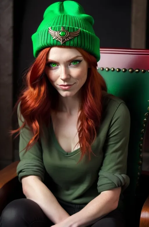 Prompt:  Evil red-haired warrior woman, wearing a green beanie and a mischievous smirk. Green eyes. She is sitting on a Throne. 