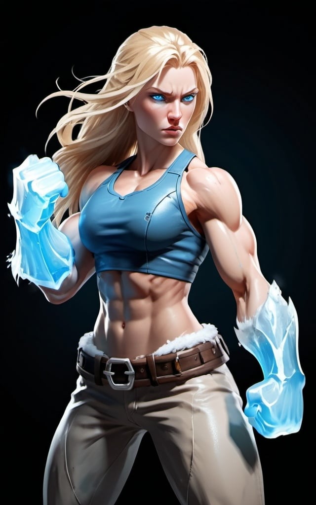 Prompt: Female figure. Greater bicep definition. Sharper, clearer blue eyes. Long Blonde hair flapping. Frostier, glacier effects. Fierce combat stance. Icy Knuckles. Raging Fists.