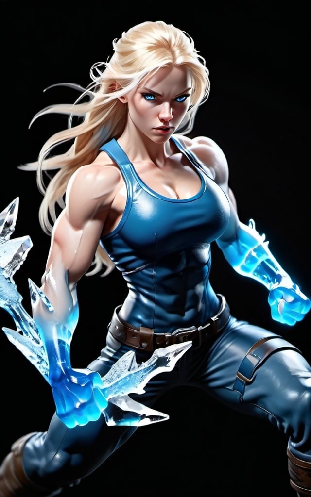 Prompt: Female figure. Greater bicep definition. Sharper, clearer blue eyes. Long Blonde hair flapping. Frostier, glacier effects. Fierce combat stance. Ice Fists.