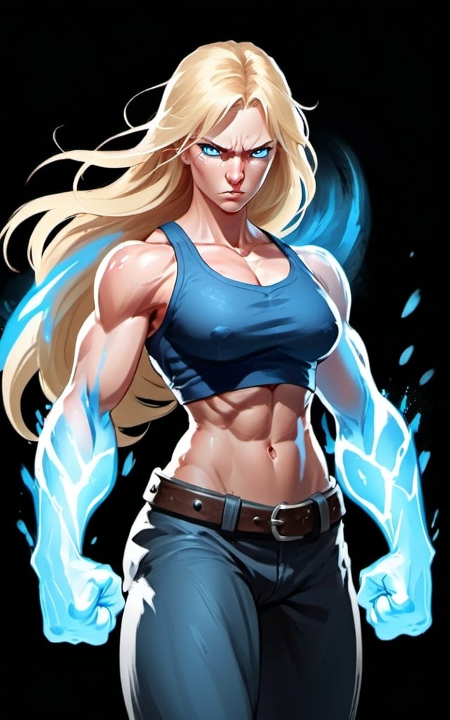 Prompt: Female figure. Greater bicep definition. Sharper, clearer blue eyes. Nosebleed. Long Blonde hair flapping. Frostier, glacier effects. Fierce combat stance. Raging Fists.