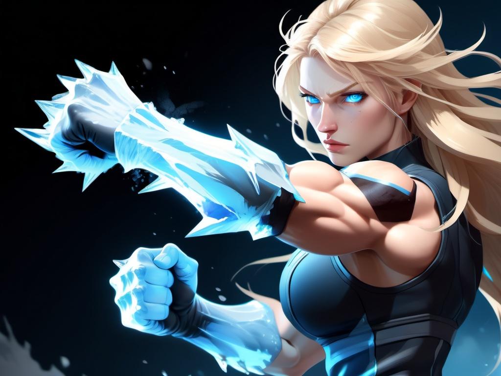 Prompt: Female figure. Greater bicep definition. Sharper, clearer blue eyes. Nosebleed. Long Blonde hair flapping. Frostier, glacier effects. Fierce combat stance. Raging Fists. Icy Knuckles.