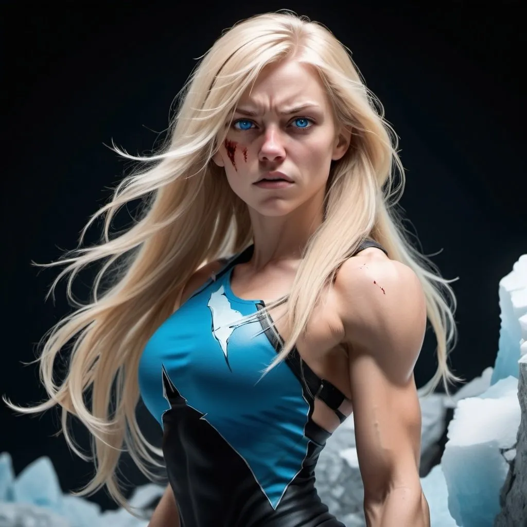 Prompt: Female figure. Greater bicep definition. Sharper, clearer blue eyes. Nosebleed. Long Blonde hair flapping. Frostier, glacier effects. Fierce combat stance. She is cracking her Knuckles.