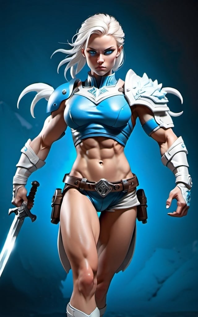 Prompt: Female figure. Greater bicep definition. Sharper, clearer blue eyes.  Frostier, glacier effects. Fierce combat stance. 