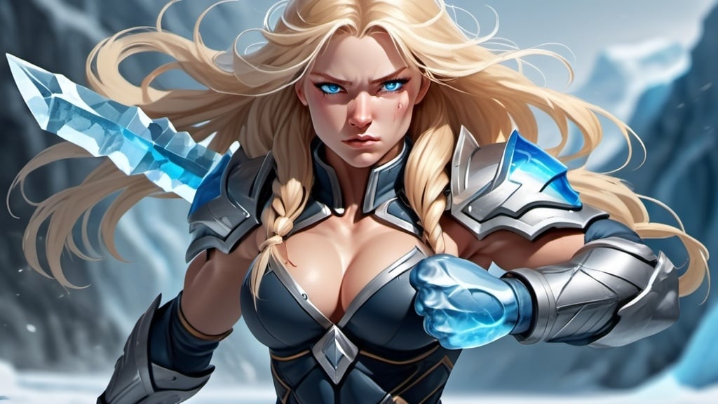 Prompt: Female figure. Greater bicep definition. Sharper, clearer blue eyes. Nosebleed. Long Blonde hair flapping. Frostier, glacier effects. Fierce combat stance. Icy Knuckles. 