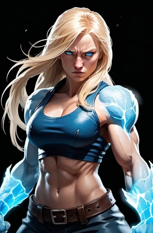 Prompt: Female figure. Greater bicep definition. Sharper, clearer blue eyes. Nosebleed. Long Blonde hair flapping. Frostier, glacier effects. Fierce combat stance. Raging Fists. Icy Knuckles. 