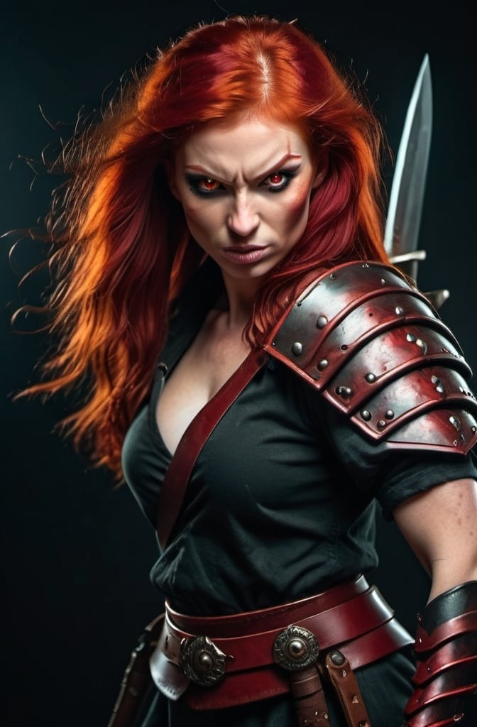 Prompt: Evil red-haired warrior woman with a mischievous grin. Carmine, red eyes. Fierce combat stance.