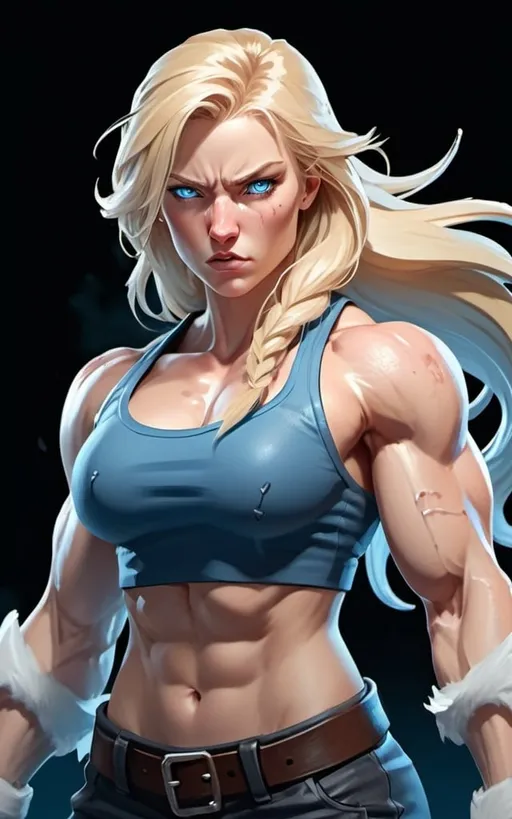 Prompt: Female figure. Greater bicep definition. Sharper, clearer blue eyes. Nosebleed. Long Blonde hair flapping. Frostier, glacier effects. Fierce combat stance. Raging Fists. Icy Knuckles. Wearing Pants. 