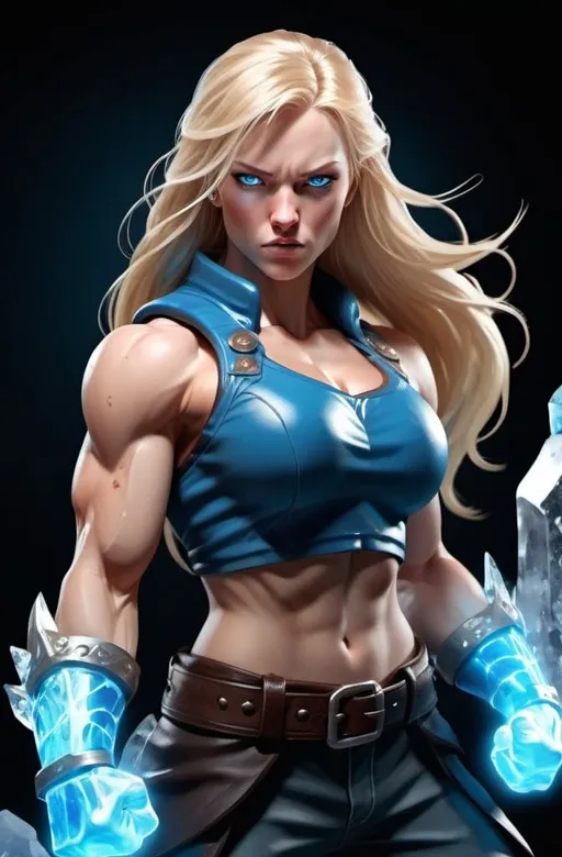 Prompt: Female figure. Greater bicep definition. Sharper, clearer blue eyes. Long Blonde hair flapping. Frostier, glacier effects. Fierce combat stance. Icy Knuckles. Raging Fists.