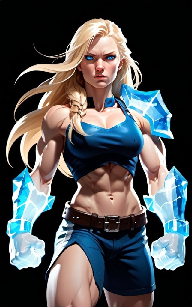 Prompt: Female figure. Greater bicep definition. Sharper, clearer blue eyes. Long Blonde hair flapping. Frostier, glacier effects. Fierce combat stance. Icy Knuckles. Raging Fists.