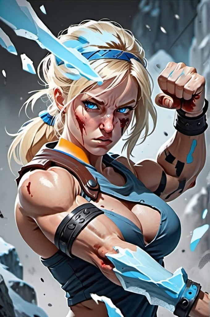 Prompt:  Female figure. Greater bicep definition. Sharper, clearer blue eyes. Blonde hair  flapping. Nose bleed. Frostier, glacier effects. Fierce combat stance. Raging Fists. 