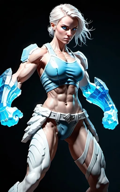 Prompt: Female figure. Greater bicep definition. Sharper, clearer blue eyes.  Frostier, glacier effects. Fierce combat stance. 