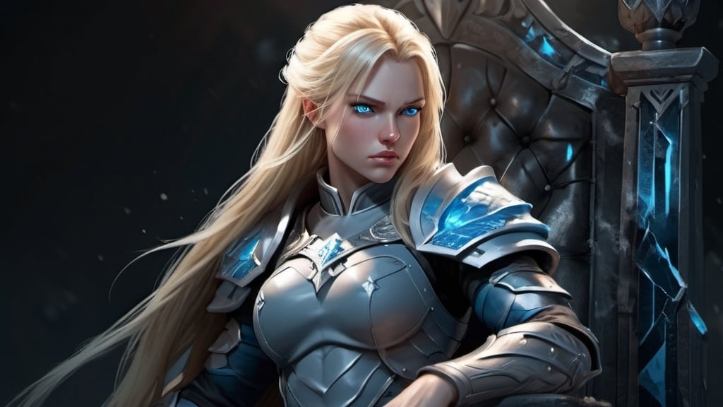 Prompt: Female figure. Greater bicep definition. Sharper, clearer blue eyes. Long Blonde hair flapping. Frostier, glacier effects. Fierce combat stance. Sitting on a throne. Resting her cheek on her hand.