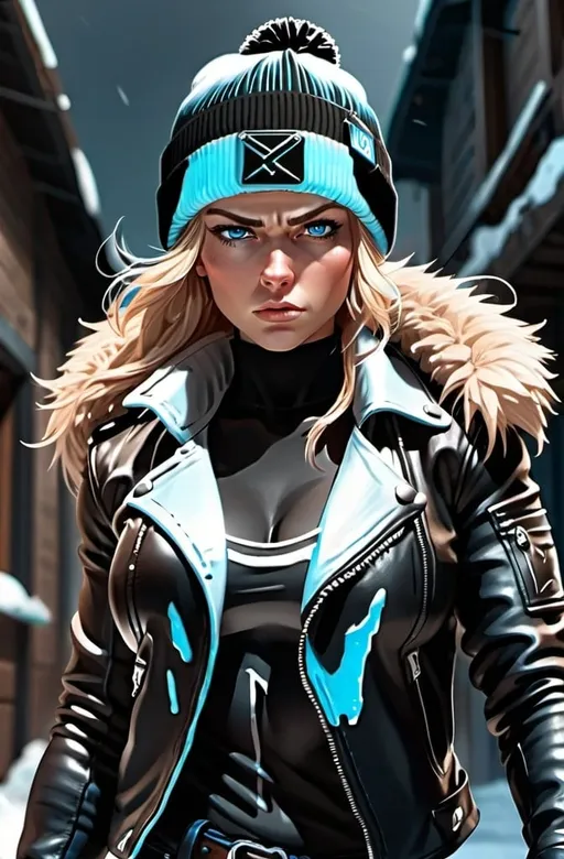 Prompt: Female figure. Greater bicep definition. Sharper, clearer blue eyes.  Frostier, glacier effects. Fierce combat stance. Wearing a black beanie and leather jacket. 
