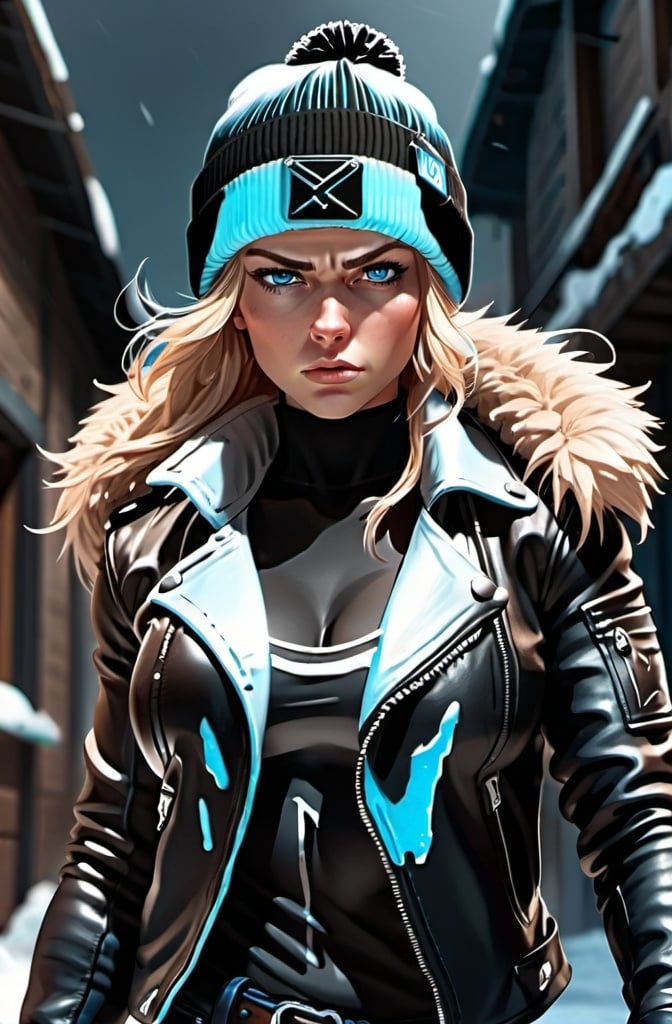 Prompt: Female figure. Greater bicep definition. Sharper, clearer blue eyes.  Frostier, glacier effects. Fierce combat stance. Wearing a black beanie and leather jacket. 