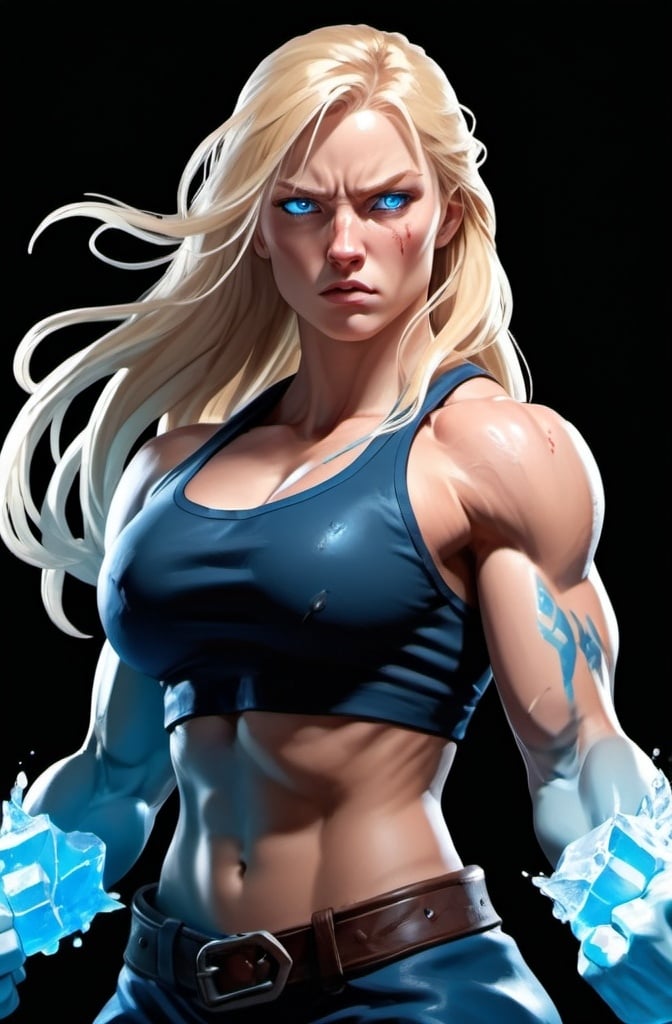 Prompt: Female figure. Greater bicep definition. Sharper, clearer blue eyes. Nosebleed. Long Blonde hair flapping. Frostier, glacier effects. Fierce combat stance. Raging Fists. Icy Knuckles.