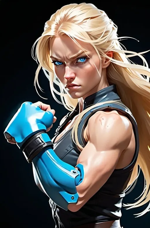 Prompt: Female figure. Greater bicep definition. Sharper, clearer blue eyes. Long Blonde hair flapping. Frostier, glacier effects. Fierce combat stance. Raging Fists.