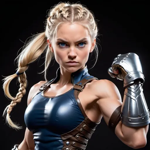 Prompt: Female figure. Greater bicep definition. Dark Blue eyes. Blonde braided ponytail. Fierce combat stance. Raging Gravity-powered Gauntlets. 