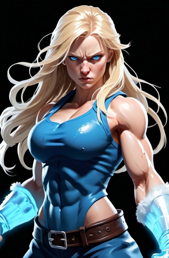 Prompt: Female figure. Greater bicep definition. Sharper, clearer blue eyes. Nosebleed. Long Blonde hair flapping. Frostier, glacier effects. Fierce combat stance. Raging Fists. Icy Knuckles.