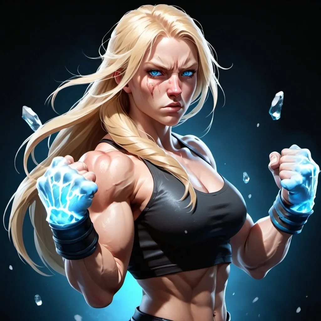 Prompt: Female figure. Greater bicep definition. Sharper, clearer blue eyes. Nosebleed. Long Blonde hair flapping. Frostier, glacier effects. Fierce combat stance. Raging Fists. Icy Knuckles. 