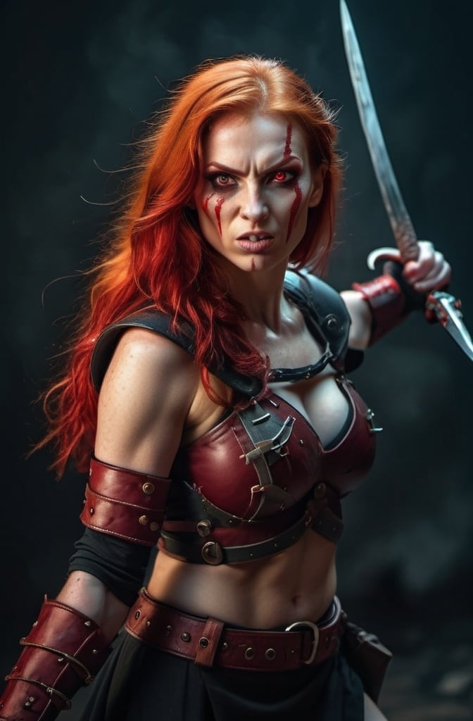 Prompt: Evil red-haired warrior woman with a mischievous grin. Carmine, red eyes. Fierce combat stance.