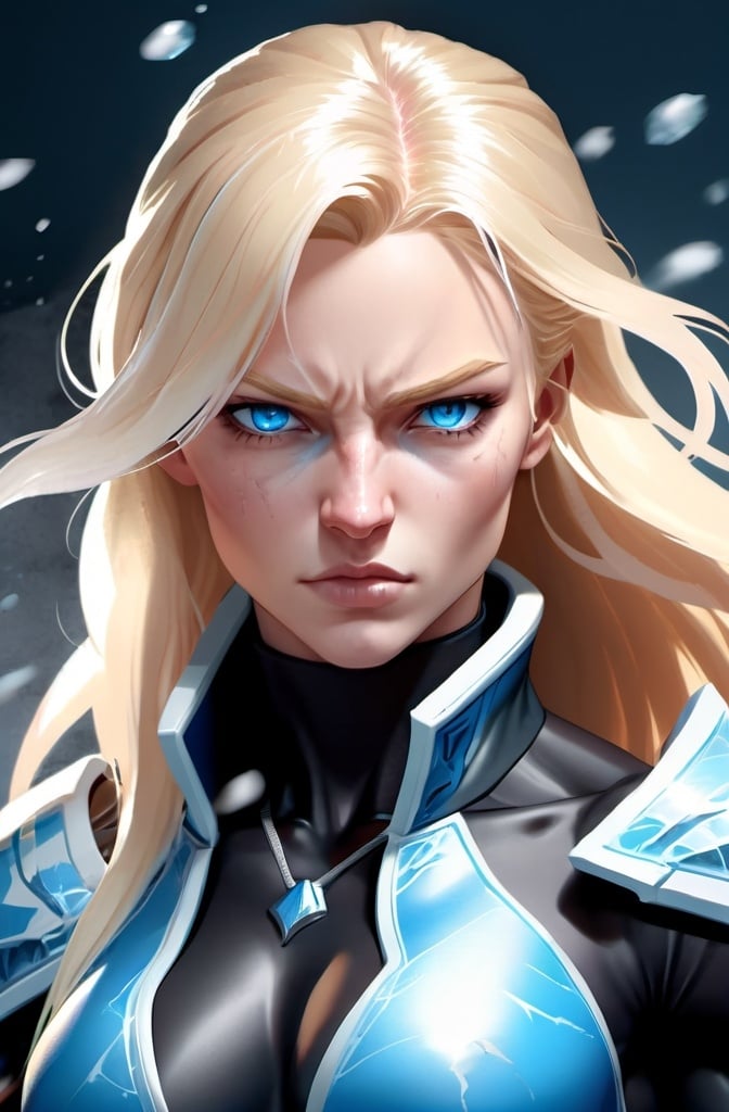 Prompt:  Female figure. Greater bicep definition. Sharper, clearer blue eyes. Nosebleed. Long Blonde hair flapping. Frostier, glacier effects. Fierce combat stance. Raging Fists. Icy Knuckles. 