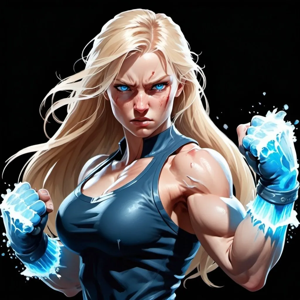 Prompt: Female figure. Greater bicep definition. Sharper, clearer blue eyes. Bleeding. Long Blonde hair flapping. Frostier, glacier effects. Fierce combat stance. Raging Fists. Icy Knuckles. 