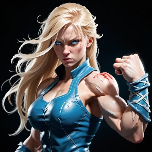 Prompt: Female figure. Greater bicep definition. Sharper, clearer blue eyes. Bleeding. Long Blonde hair flapping. Frostier, glacier effects. Fierce combat stance. Raging Fists. Icy Knuckles. 