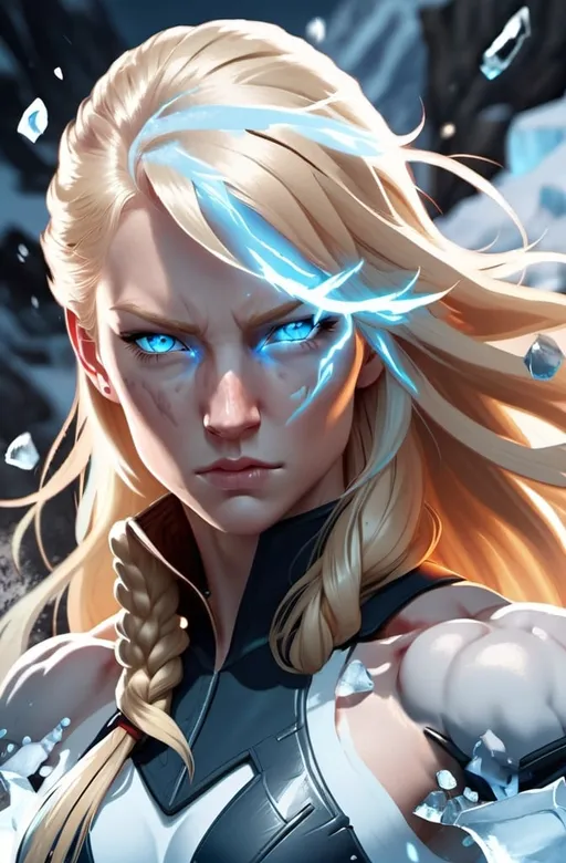 Prompt:  Female figure. Greater bicep definition. Sharper, clearer blue eyes. Nosebleed. Long Blonde hair flapping. Frostier, glacier effects. Fierce combat stance. Raging Fists. Icy Knuckles. 