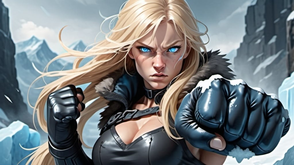 Prompt: Female figure. Greater bicep definition. Sharper, clearer blue eyes. Nosebleed. Long Blonde hair flapping. Frostier, glacier effects. Fierce combat stance. Raging Fists. Icy Knuckles. 