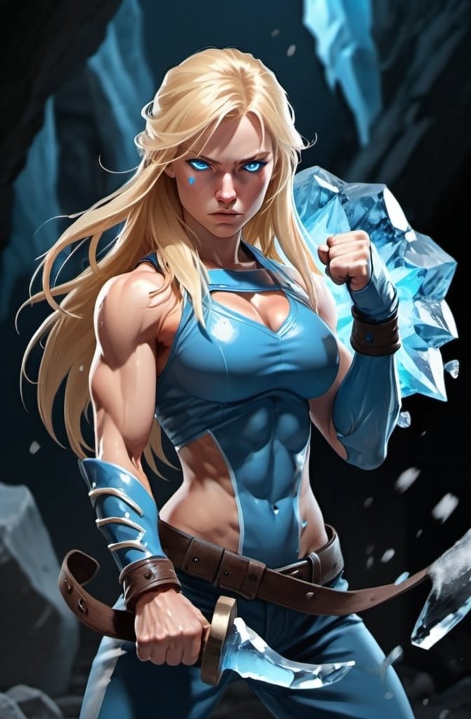 Prompt: Female figure. Greater bicep definition. Sharper, clearer blue eyes. Nosebleed. Long Blonde hair flapping. Frostier, glacier effects. Fierce combat stance. Raging Fists. Icy Knuckles. 