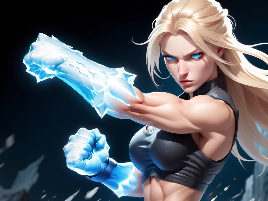 Prompt: Female figure. Greater bicep definition. Sharper, clearer blue eyes. Nosebleed. Long Blonde hair flapping. Frostier, glacier effects. Fierce combat stance. Raging Fists. Icy Knuckles.