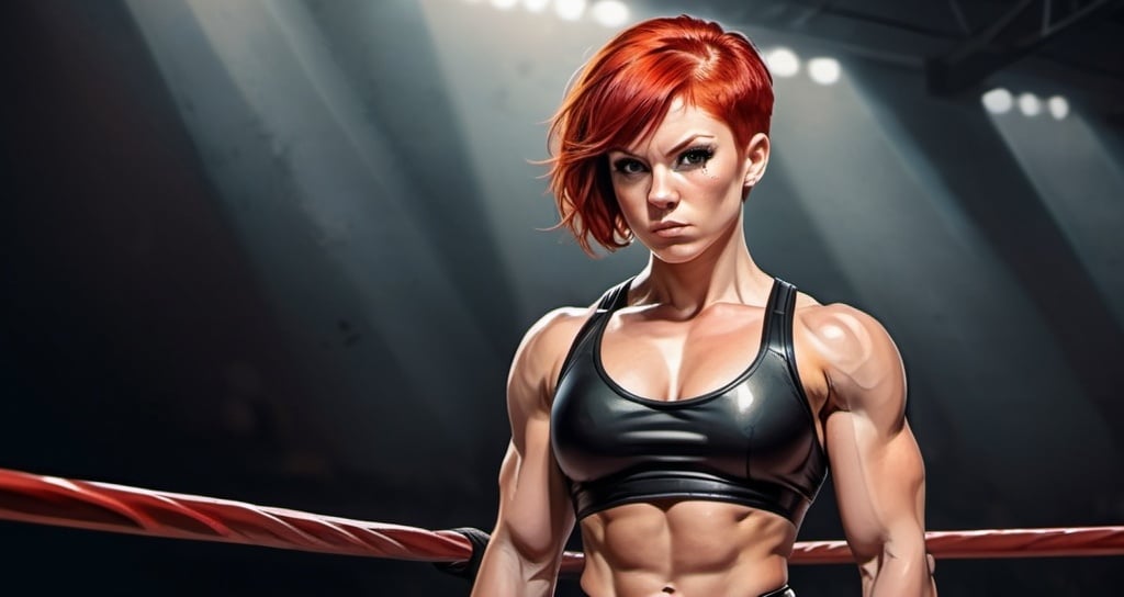 Prompt: Female figure. Young woman. Greater bicep definition. Short red hair. Pro Wrestler. Championship belt. Fierce Combat Stance. 