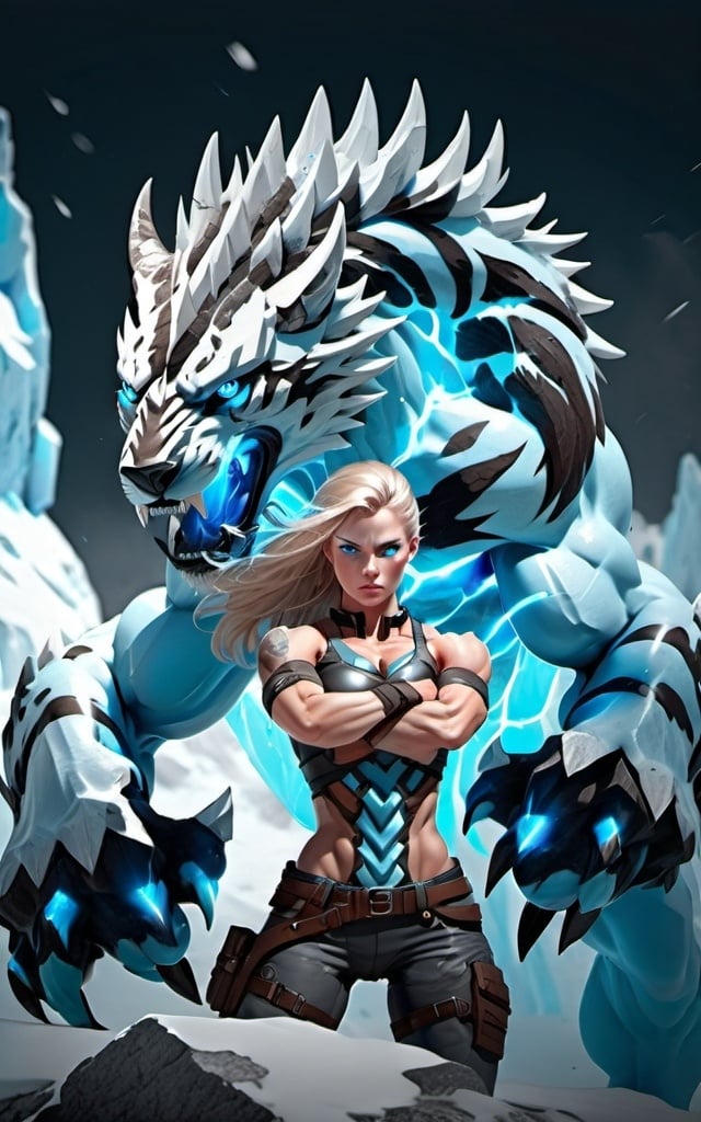 Prompt: Female figure. Greater bicep definition. Sharper, clearer blue eyes.  Frostier, glacier effects. Fierce combat stance. 