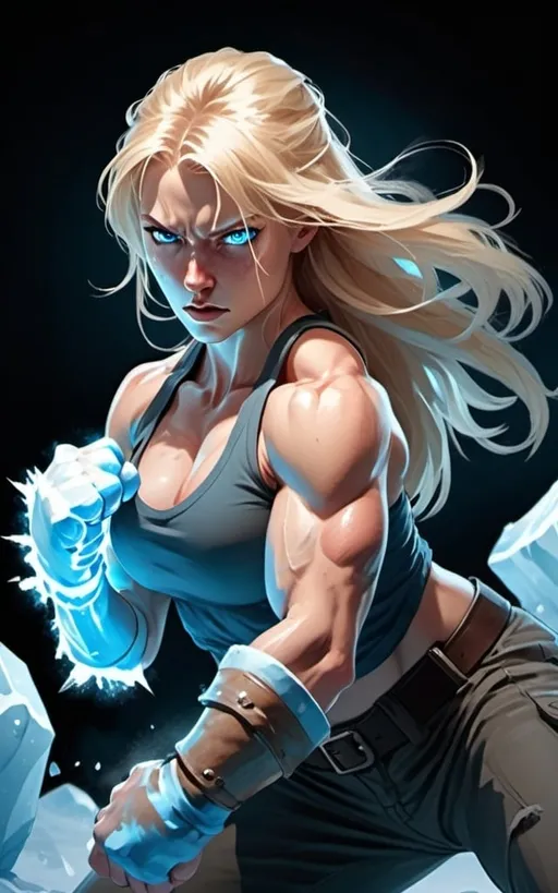 Prompt: Female figure. Greater bicep definition. Sharper, clearer blue eyes. Nosebleed. Long Blonde hair flapping. Frostier, glacier effects. Fierce combat stance. Raging Fists. Icy Knuckles. Wearing Pants. 