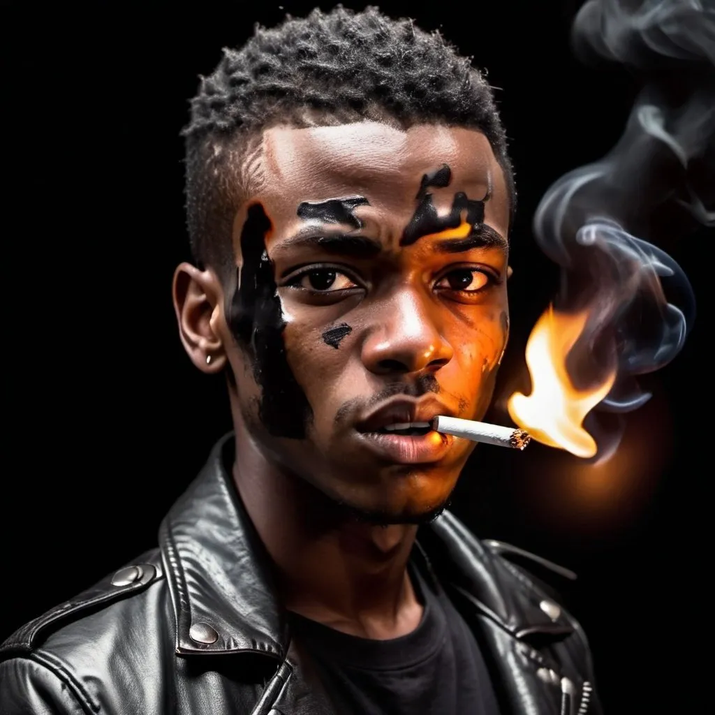 Prompt: Young black man with Cigarette in mouth. Short in height. Sinister glare. Angry. Psychotic. Short hair. Flaming hands. Scorching Fire. Leather Jacket.