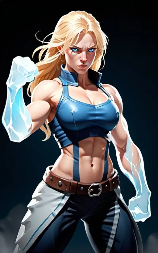 Prompt: Female figure. Greater bicep definition. Sharper, clearer blue eyes. Nosebleed. Long Blonde hair flapping. Frostier, glacier effects. Fierce combat stance. Icy Knuckles. 