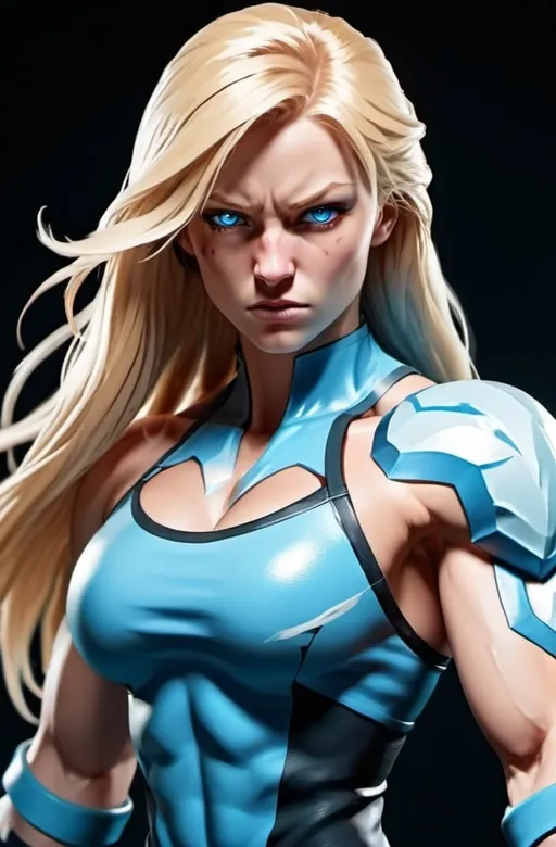 Prompt: Female figure. Greater bicep definition. Sharper, clearer blue eyes. Nosebleed. Long Blonde hair flapping. Frostier, glacier effects. Fierce combat stance. Raging Fists. Icy Knuckles.