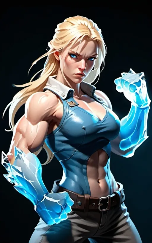 Prompt: Female figure. Greater bicep definition. Sharper, clearer blue eyes. Long Blonde hair flapping. Frostier, glacier effects. Fierce combat stance. Icy Knuckles. Raging Fists.