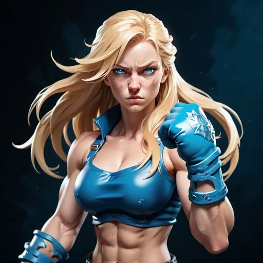 Prompt: Female figure. Greater bicep definition. Sharper, clearer blue eyes. Nosebleed. Long Blonde hair flapping. Frostier, glacier effects. Fierce combat stance. Raging Fists. Icy Knuckles. 