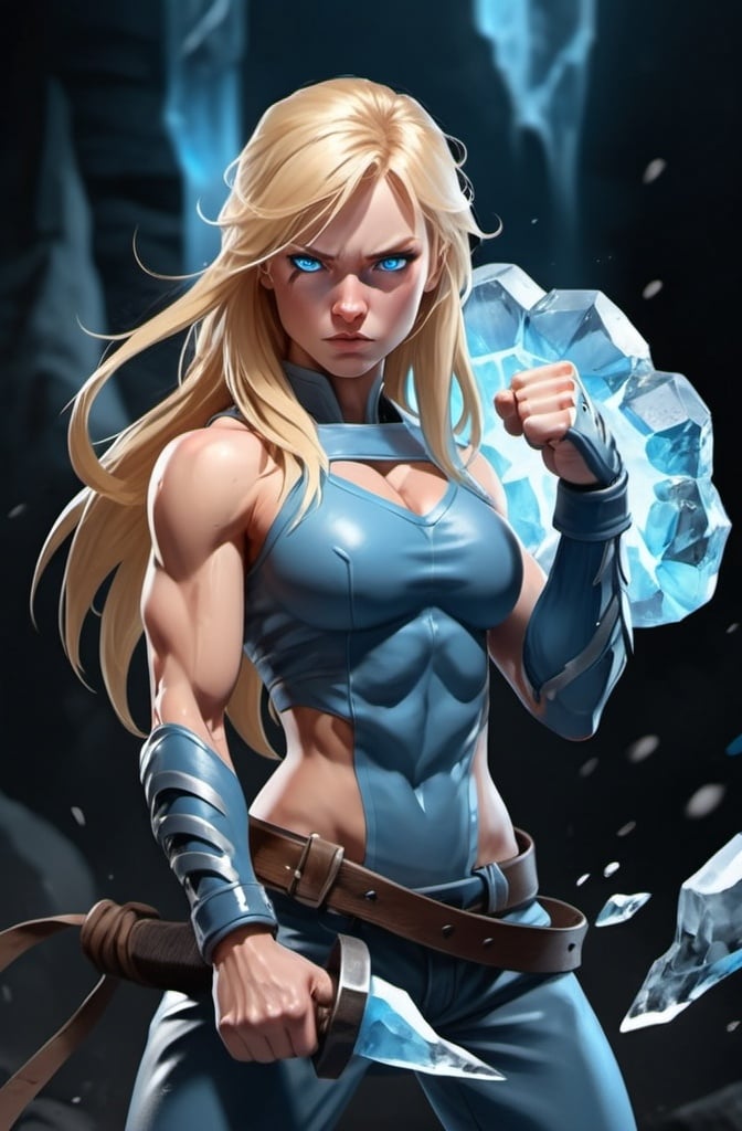 Prompt: Female figure. Greater bicep definition. Sharper, clearer blue eyes. Nosebleed. Long Blonde hair flapping. Frostier, glacier effects. Fierce combat stance. Raging Fists. Icy Knuckles. 