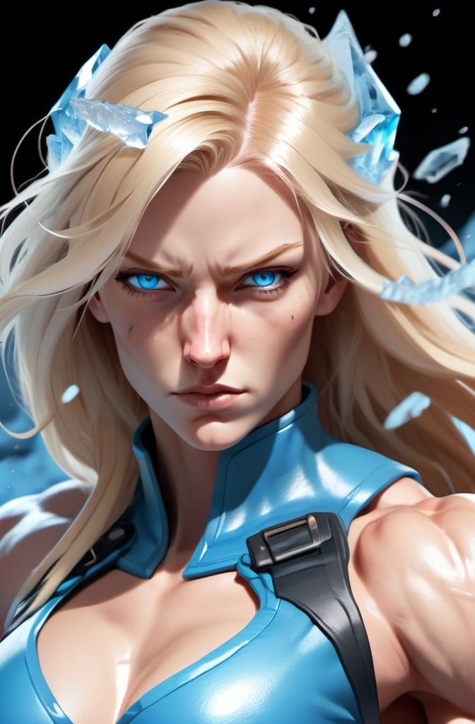 Prompt:  Female figure. Greater bicep definition. Sharper, clearer blue eyes. Nosebleed. Long Blonde hair flapping. Frostier, glacier effects. Fierce combat stance. Raging Fists. Icy Knuckles. 