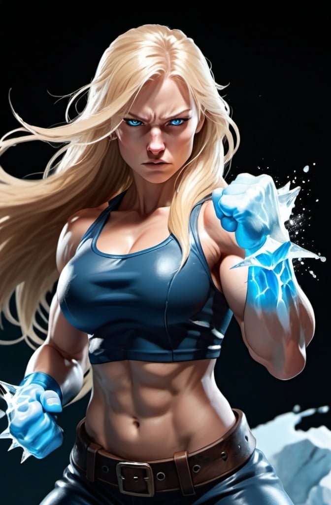 Prompt: Female figure. Greater bicep definition. Sharper, clearer blue eyes. Nosebleed. Long Blonde hair flapping. Frostier, glacier effects. Fierce combat stance. Raging Fists. Icy Knuckles. 