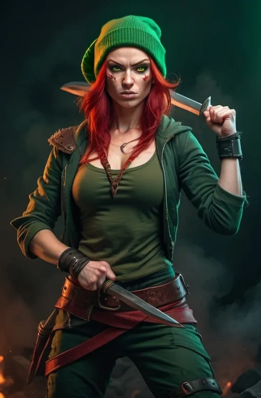 Prompt: Evil red-haired warrior woman, wearing a green beanie and a mischievous smirk. Carmine, red eyes. Fierce combat stance. 