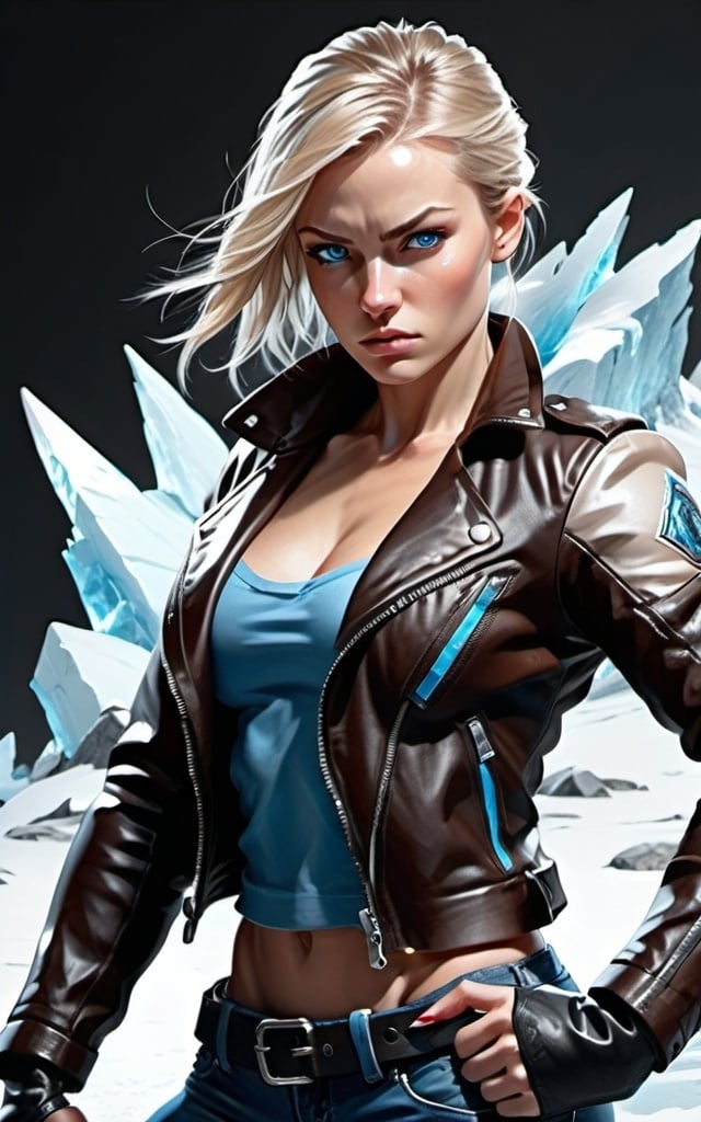 Prompt: Female figure. Greater bicep definition. Sharper, clearer blue eyes.  Frostier, glacier effects. Fierce combat stance. Leather Jacket. 