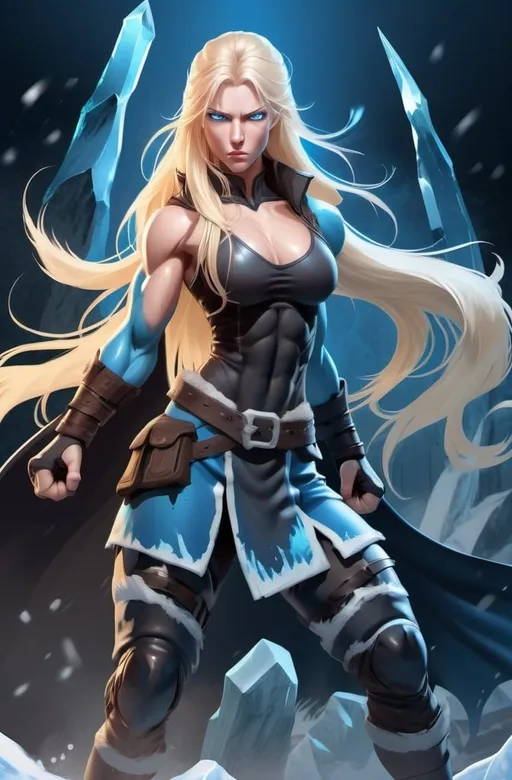 Prompt: Female figure. Greater bicep definition. Sharper, clearer blue eyes. Nosebleed. Long Blonde hair flapping. Frostier, glacier effects. Fierce combat stance. Raging Fists. Icy Knuckles.